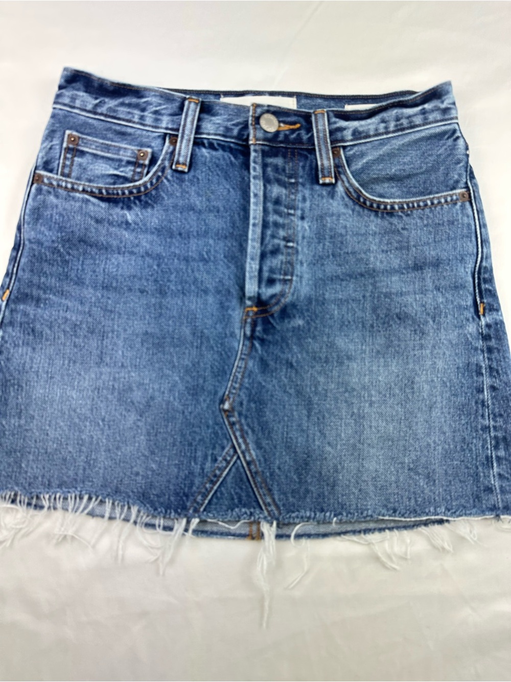 Aritzia Denim Forum The Edie Mini Jean Skirt Raw Hem Blue Medium Wash Summer 24